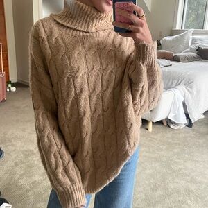 Oversized Tan Cable Knit Turtleneck Sweater